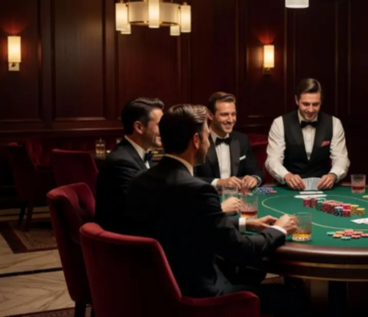 Elegancki stół pokerowy z symbolicznymi żetonami i gośćmi w wieczorowych stylizacjach
