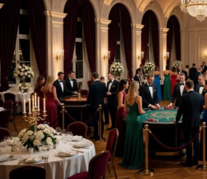 Ekskluzywny bankiet firmowy z elegancką aranżacją stołów i oświetlenia