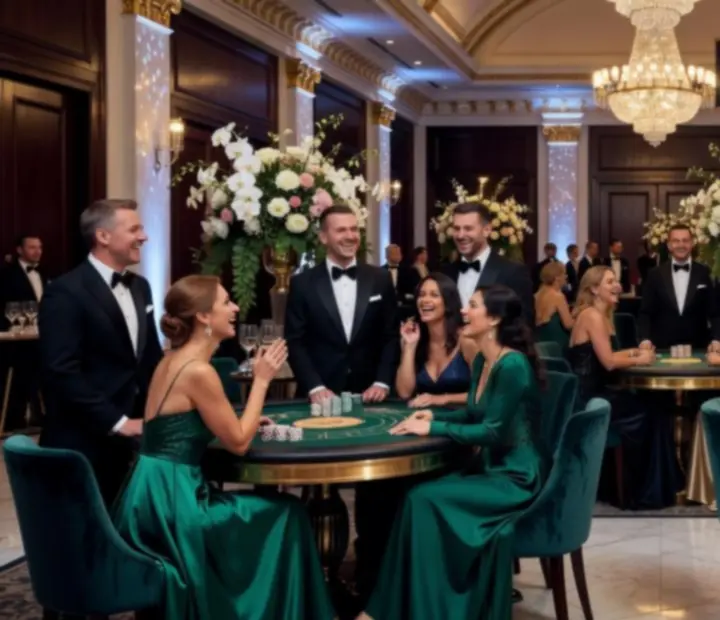 Cinematiczne ujęcie luksusowej sali bankietowej z eleganckimi stołami, koktajlami i uśmiechniętymi gośćmi