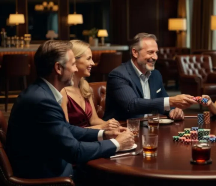 Galeria zdjęć ze stylowych wieczorów pokerowych z eleganckimi stołami i zadowolonymi gośćmi