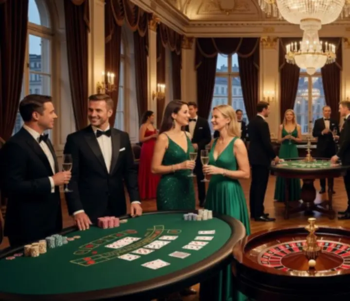 Luksusowa sala bankietowa z profesjonalnymi stołami do pokera, ruletki i blackjacka oraz eleganckimi gośćmi