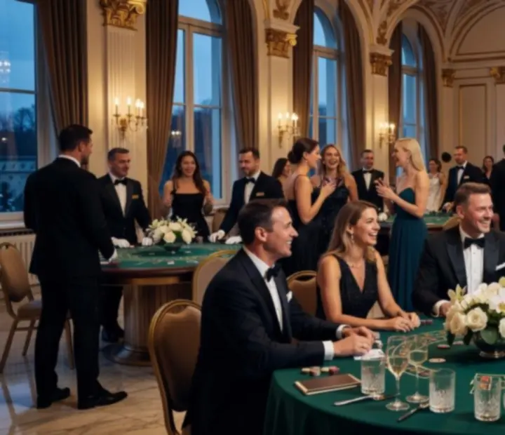 Goście bawiący się przy stołach do gry na eleganckim evencie