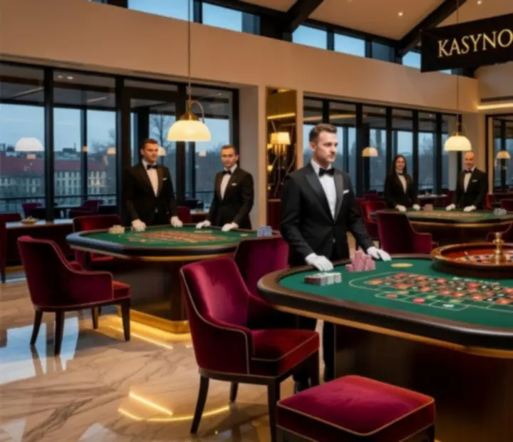 Profesjonalne stoły do pokera, ruletki i blackjacka ustawione w luksusowej sali bankietowej