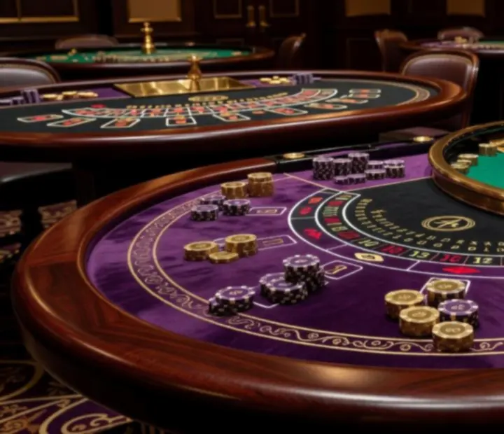 Eleganckie stoły do pokera, ruletki i blackjacka przygotowane na event